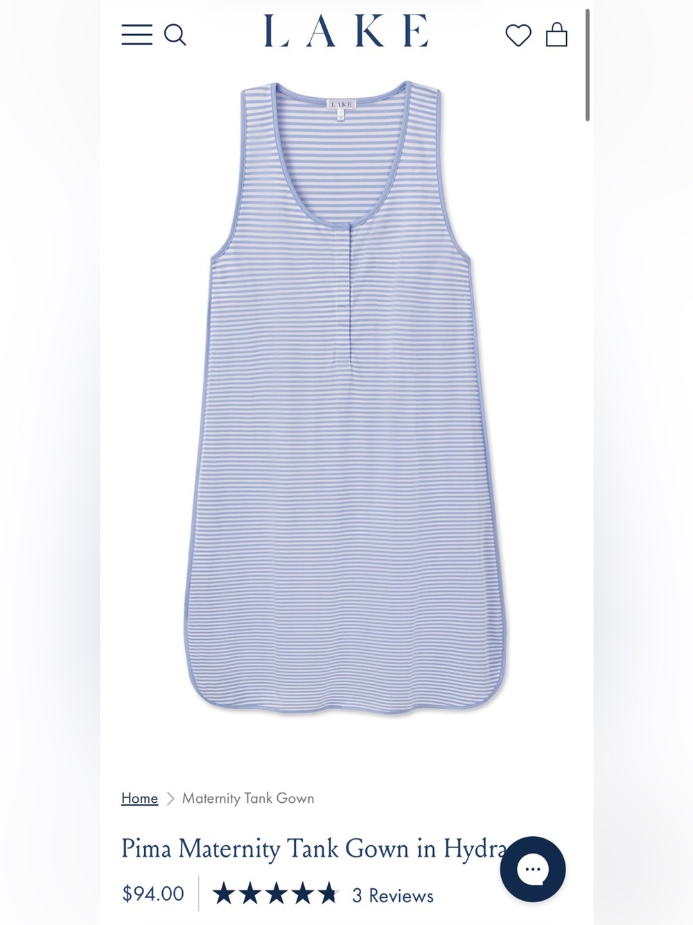 LAKE Maternity Nursing Nightgown 100% Pima Cotton